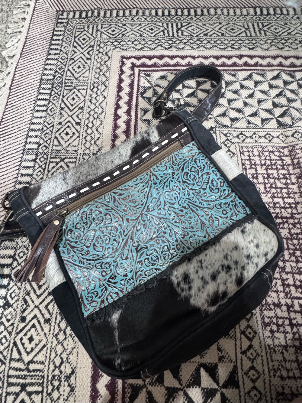 Myra Bag Turquoise Embossed Leather & Black-White Cowhide Shoulder Bag